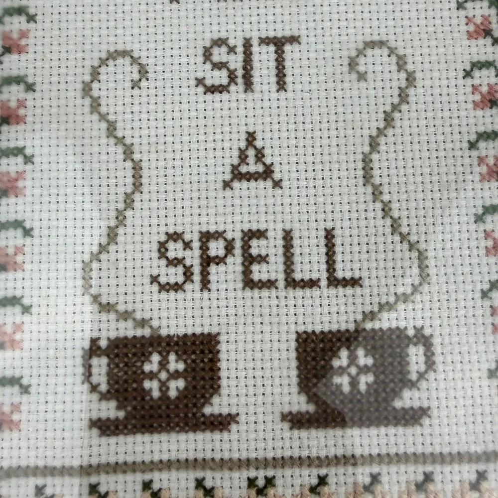 Vintage 1989 Handmade Cross Stitch Framed Art Welcome Friend Sit A Spell 11x14